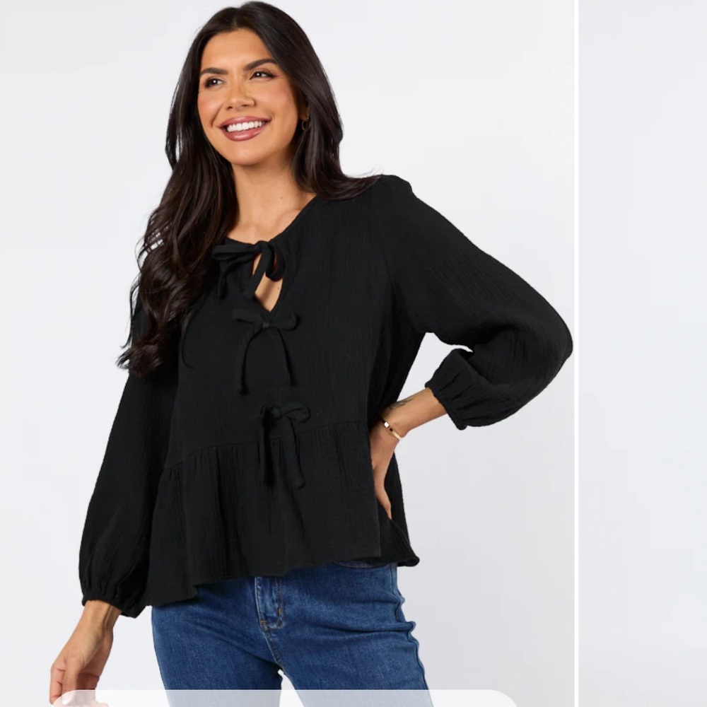 Pink Lily Black Close to Me 3/4 Sleeve Tie Front Blouse
